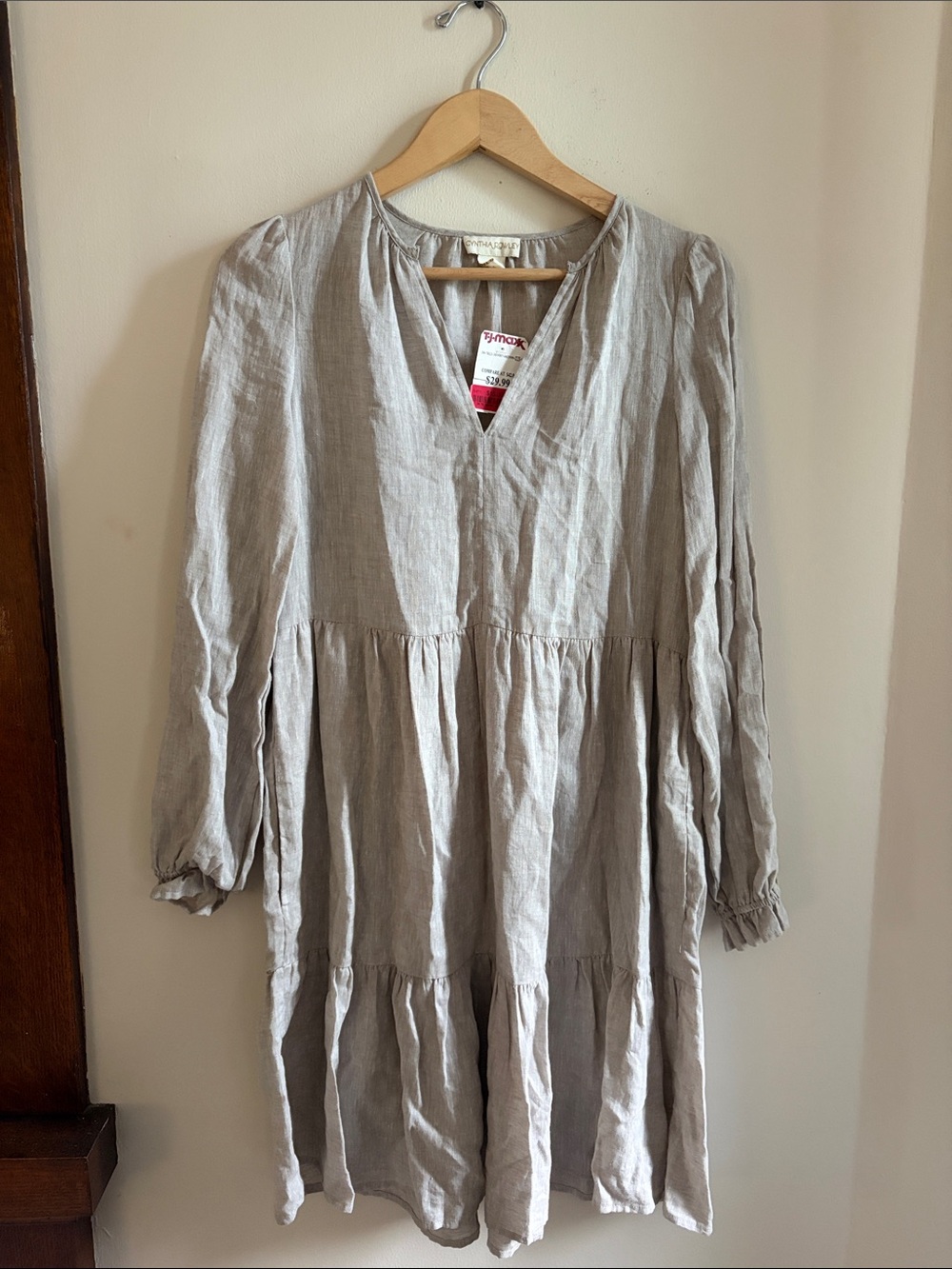Cynthia Rowley Taupe Tiered V-Neck Long Sleeve Dress